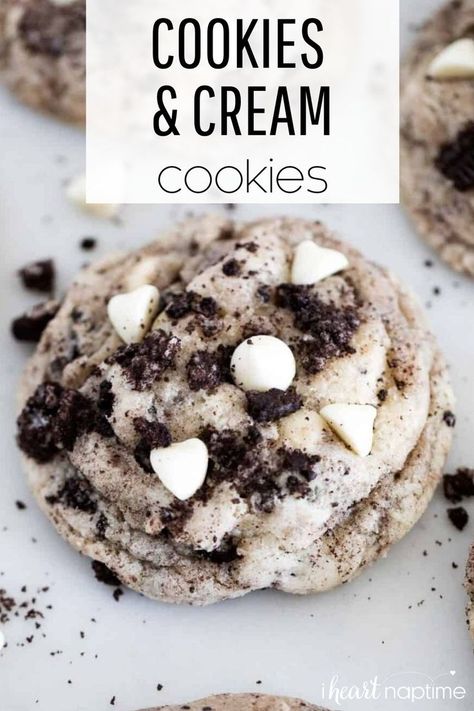 Cookies and cream cookies are soft and chewy with every bite having the perfect amount of white chocolate chips and crushed Oreos. #cookies #cookiesandcream #cookierecipes #homemade #oreos #chocolate… Oreos Cookies, Cookies And Cream Cookies, Delicious Cookies Homemade, Homemade Oreos, Oreo Cream, Homemade Chocolate Chips, Cookie Recipes Unique, I Heart Naptime, Cream Cookies