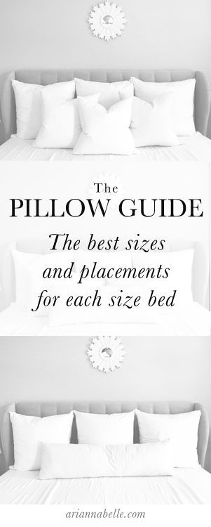 Handy reference guide for choosing best pillows for bed Bedroom Pillows Arrangement, Bed Pillow Styling, Throw Pillow Arrangement, Bed Pillow Arrangement, Daybed Pillows, Pillow Sizes Chart, Pillow Size Guide, Pillows For Bed, Bed Pillow Sizes