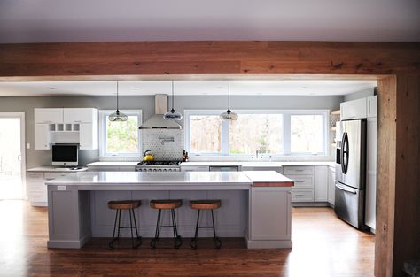 windows over sink / stove with hood adjacent / then another window. L shaped kitchen with island. Susan Yeley Interiors Knock Down Wall, L Shaped Kitchen, Kitchen Cabinet Styles, Transitional Kitchen, Kitchen Remodel Idea, Kitchen Layout, Dream Kitchen, Kitchen Wall, Kitchen Renovation