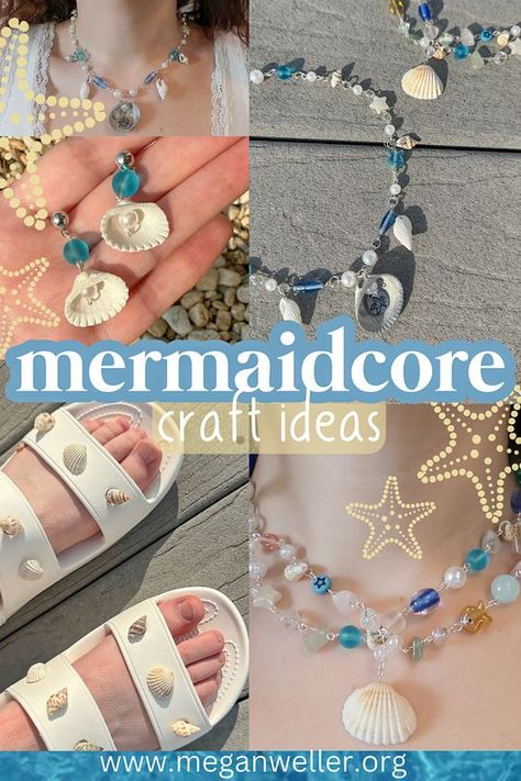 I've been seeing the mermaidcore aesthetic all over TikTok lately, and I absolutely love it. So this summer I decided to make some mermaid inspired jewelry with REAL seashells! A few of them were from my last trip to the beach, and I picked up some extra seashell beads too. I ended up making some DIY jibbitz charms for my Crocs, some Depop inspired chokers, a rosary style necklace, and a few pairs of earrings. You can drill holes in your shells if you want, but you don't need to. Mermaid Necklace Diy, Seashell Necklace Diy, Mermaid Jewelry Diy, Summer Jewelry Diy, Croc Jibbitz, Rosary Style Necklace, Homemade Paint, Shells Diy, Homemade Art