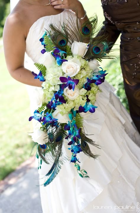 Blue dendrobium orchids, peacock feathers, white roses, green hydrangeas = gorgeous Peacock Wedding Bouquet, Feather Bouquet, Bouquet Bride, Peacock Wedding, Blue Orchids, A Wedding Dress, Peacock Feathers, Wedding Wishes, Popular Wedding