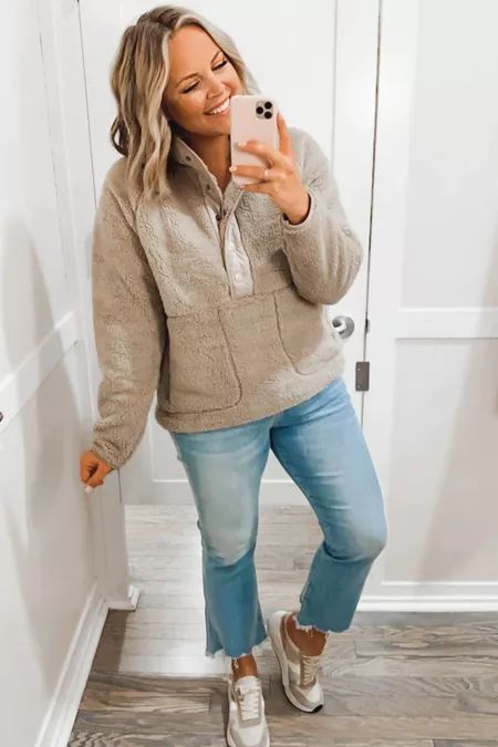 Lou & Grey Cozy Up Sherpa Jacket curated on LTK Tan Sherpa Jacket Outfit, Brown Sherpa Jacket Outfit, Sherpa Pullover Outfit, Sherpa Outfit, Sherpa Jacket Outfit, Button Down Outfit, Pullovers Outfit, Sherpa Pullover, Jacket Outfit