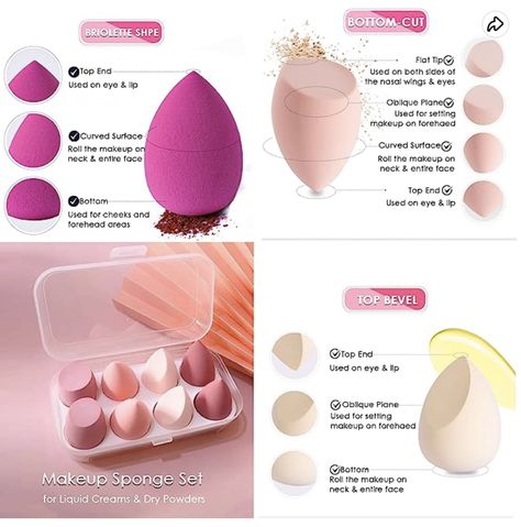 Beauty Blender Shapes And Uses, Makeup Sponges Types, Sharp Makeup, Coloured Makeup, Tips Kecantikan, Story References, Make Up Sponge, Eyeliner Techniques, Diy Makeup Remover