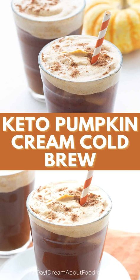 This keto Starbucks copycat recipes features delicious sugar free pumpkin spice cold foam poured over delicious cold brew coffee. It's the perfect fall refreshment! Keto Cold Foam, Pumpkin Cream Cold Brew, Cream Cold Brew, Keto Coffee Recipe, Cold Brew Recipe, Low Carb Drinks, Copycat Starbucks Recipes, Keto Pumpkin, Bake Goods