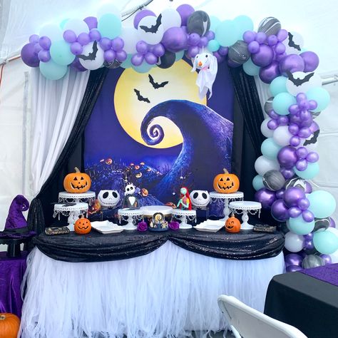 Cake table set up for a 2nd Birthday. Jack and Sally decor. Balloon garland with deep purple and mint green balloons Sally And Jack Birthday Party, Nightmare Before Christmas Balloon Decor, Jack And Sally Decorations, Jack And Sally Birthday Party Ideas, Jack And Sally Party Ideas, Night Before Christmas Birthday Party, Jack And Sally Baby Shower Ideas, Nightmare Before Christmas 2nd Birthday, Jack And Sally Gender Reveal