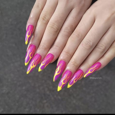 Flame Nail Designs, Neon Pink Nail, Yellow Tips, Pink Nail Ideas, Pink Stiletto Nails, Glitter French Nails, Flame Nails, Flame Nail Art, Neon Pink Nails