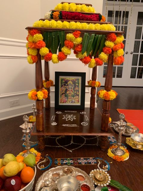 Diy project Vratham Peeta Designs, Sathyanarayana Pooja Decoration At Home, Pooja Photos, Mandap Decoration, Temple Decoration, Devotional Topics, Pooja Decor, Simple Stage Decorations, Home Flower Decor