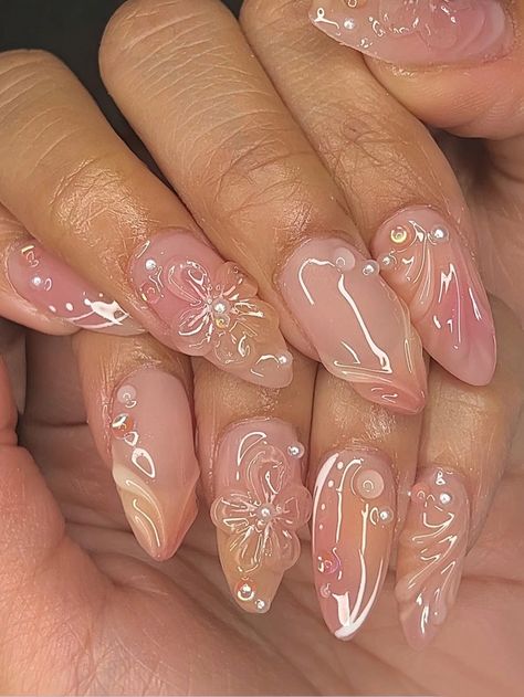 Upgrade Your Look With 24pcs Almond-Shaped Sweet Flower Pearl 3D Sculpted Waves Nail Art Set, Suitable For Women And GirlsI discovered amazing products on SHEIN.com, come check them out! Wave Nails, 3d Nail Designs, Nail Art 3d, Korean Nail Art, Short Fake Nails, Easy Nails, Nail Art Set, Vacation Nails, Nagel Inspo