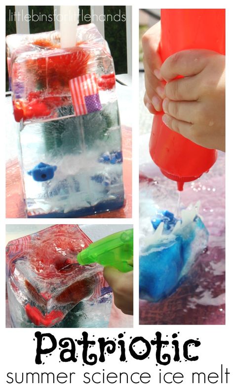 Patriotic ice melting science activity perfect for summer fun. Use for any patriotic holiday including Memorial Day and 4th of July or Independence Day. Easy summer science activity for kids. 4th Of July Activities, Holiday Stem, July Activities, Summer Stem, Summer Science, Simple Science, Play Activity, Science Activity, Science Activities For Kids