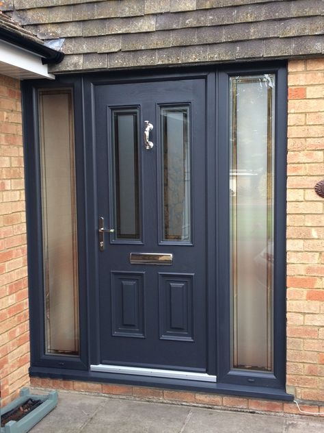 Palladio "Palermo" front door in anthracite grey supplied and installed by Unicorn Windows Ltd, Leighton Buzzard Grey Composite Front Door, Upvc Front Door, Grey Front Doors, Front Door Inspiration, Composite Front Door, Front Door Styles, Green Front Doors, Porch Doors, Front Porch Design