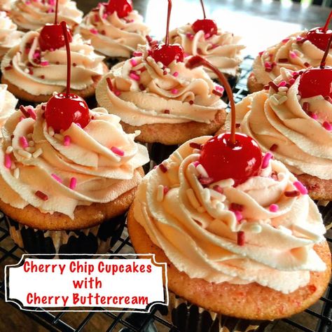 Cherry Chip Cupcakes, Cherry Buttercream, Cherry Chip Cake, Cupcakes From Scratch, Cherry Cupcakes, Baking School, Buttercream Cupcakes, Cherry Almond, Velvet Cupcakes