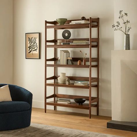 Mid Century & Modern Storage Furniture | Article Leaning Bookshelf, Mid Century Modern Shelves, Mid Century Modern Bookcase, Basement Decoration, Mid Century Bookcase, Walnut Bookcase, Article Furniture, Walnut Shelves, Modern Dining Tables