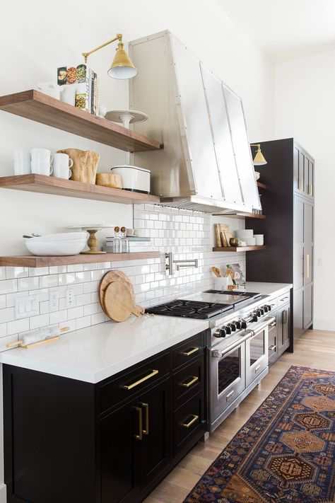 For the Love of Open Shelves - Forrester Home Mountain House Kitchen, Modern Farmhouse Kitchen Cabinets, Minimalist Dekor, Rustic Kitchen Cabinets, Farmhouse Kitchen Cabinets, Kitchen Cabinets Decor, Kitchen Farmhouse, Studio Mcgee, Black Cabinets