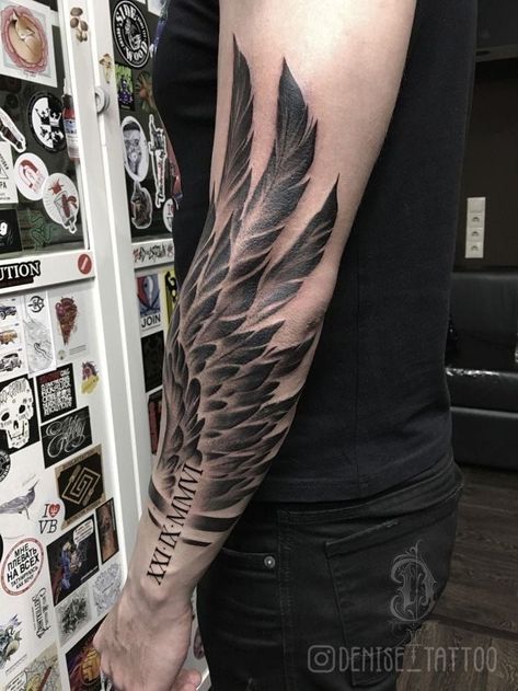 Angel Wings Tattoo For Men Forearm, Wing Leg Tattoo Men, Wing Leg Tattoo, Eagle Wing Tattoos Arm, Wing Tattoo Men Arm, Half Sleeve Tattoos For Men Lower Arm, Angel Wings Tattoo Forearm, Wing Tattoo On Shoulder, Forearm Wing Tattoo