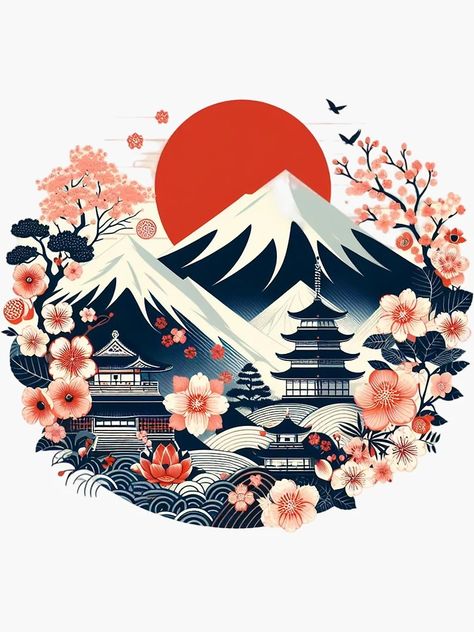 Pegatina con la obra «Cultura japonesa con elementos como sakuras (flores de cerezo), montañas y un estilo de arte tradicional» de Glowy Mind | Redbubble Doodle Mural, Japan Graphic Design, Pelo Anime, Tshirt Illustration, Aesthetic Japan, Maneki Neko, Doodles, Mural, Graphic Design