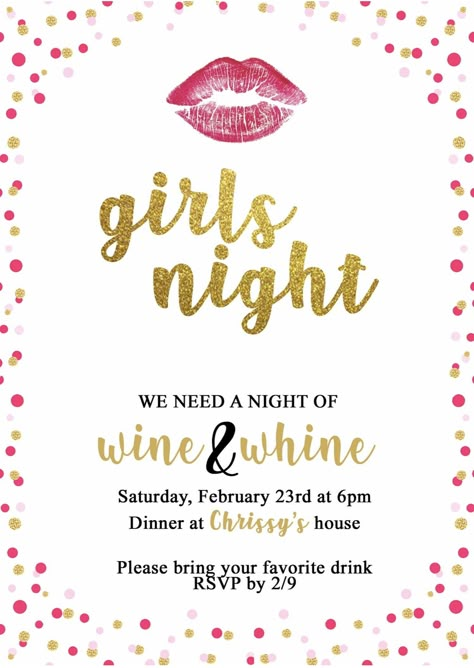 My “just because” Girls Night Dinner invite ❤️ Ladies Night Ideas Decorations, Ladies Night Out, Adult Pj Party Ideas Girl Night, Girls Dinner Party Ladies Night, Ladies Night Ideas Themes, Ladies Party Invitation Template, Girls Night Theme Ideas, Adult Pajama Party Ideas Girl Night, Ladies Night Invitations