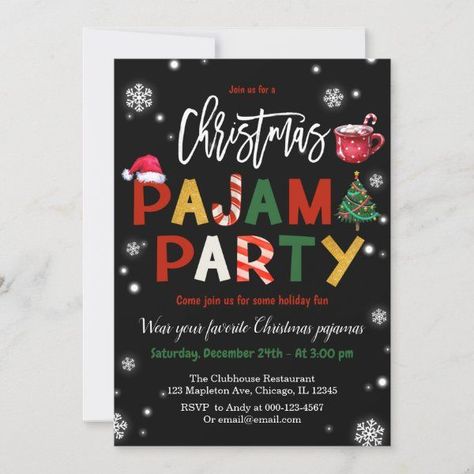 Christmas Pajamas Party Chalkboard Holiday Party Invitation #zazzle #weddinginvitations #birthdayinvitations #babyshowerinvitations #zazzleinvitations #monogram #businesscards #graduation #homedecor Christmas Pajamas Party, Friendsmas Party, Chalkboard Holiday, Party Chalkboard, Slumber Party Invitations, Christmas Pajama Party, Pyjamas Party, Pajamas Party, Pijama Party