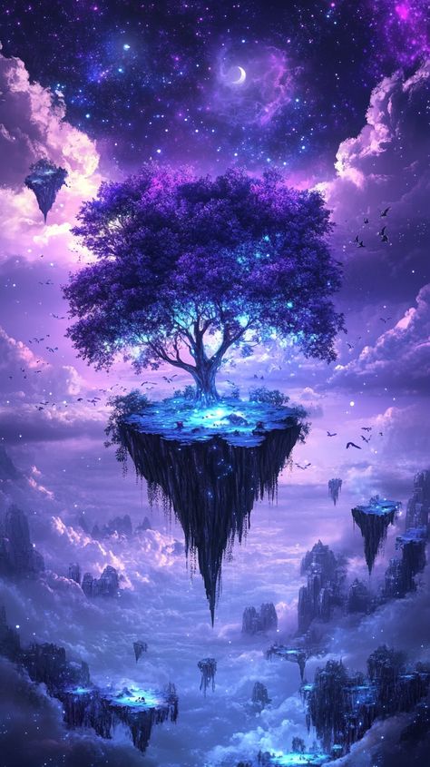 A dreamlike forest where trees have luminous leaves, with floating islands in the sky, and mythical creatures dancing in the mist under a swirling purple moonlight. Purple Moonlight, Fantasy World Inspiration, Wizard Tower, Rainbow Colors Art, Magic Realms, Wallpaper P, Floating Islands, World Inspiration, Floating Island