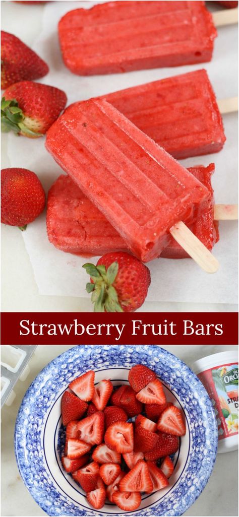 Strawberry Frozen Fruit Bars #sunshinebars #strawberries #popsicles #recipes Fruit Dogs Can Eat, Fruit Bars Recipe, Frozen Strawberry Desserts, Frozen Strawberry Lemonade Recipe, Popsicles Recipes, Fruit Popsicle Recipes, Frozen Recipes, Fruit Pop, Frozen Popsicles