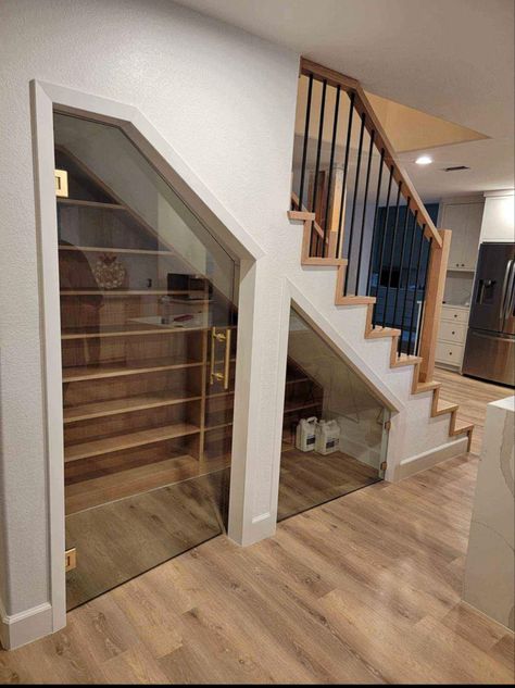 Glass doors for under stairs storage area. Glass Under Stairs, Door Under The Stairs, Under Stairs Glass Storage, Buffet Under Stairs, Pantry Storage Under Staircase, Under Stairway Ideas, Under Stairs Cat Room, Door Under Stairs, Cabinet Under Stairs