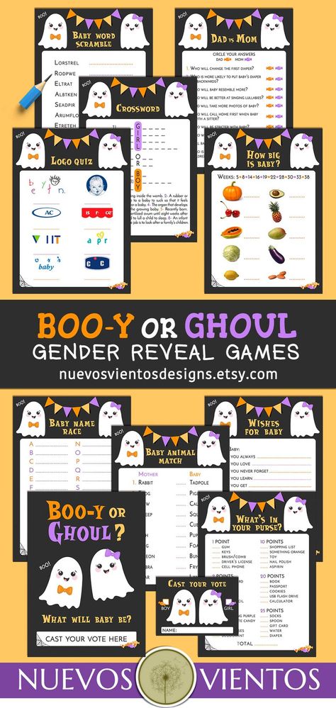 10 Booy or Ghoul gender reveal games printable Booy Or Ghoul, Halloween Gender Reveal, Gender Reveal Games, Logo Quiz, Baby Word Scramble, Games Printable, Baby Words, Reveal Ideas, Halloween Theme