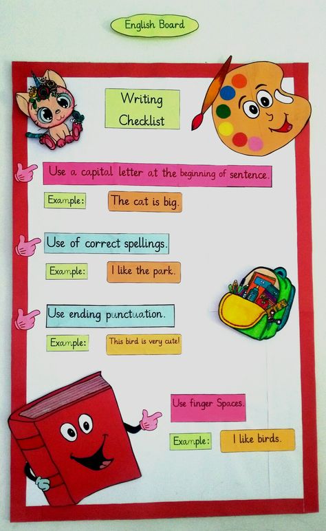 This English writing checklist board is showing different concepts like use of Punctuation, correct spelling, capital letter and how to give finger space in words while writing. So teachers can give instructions through this board before their writing. Students will also follow and remember these concepts. This English board is prepared with a different concept. I hope everyone will like this. Rules Chart For Classroom, Grammar Board, Class Board Decoration, 2023 Board, Grammar Chart, Theme Board, Rules Poster, Classroom Rules Poster, Writing Checklist