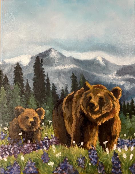 Oil painting of two bears roaming through a mountain landscape. Grizzly Bear Painting Acrylics, Simple Bear Painting, Woodland Painting Ideas, Animal Acrylic Painting Ideas, How To Paint A Bear, Manly Painting Ideas, Outdoorsy Paintings, Colorado Painting Ideas, Woodsy Paintings