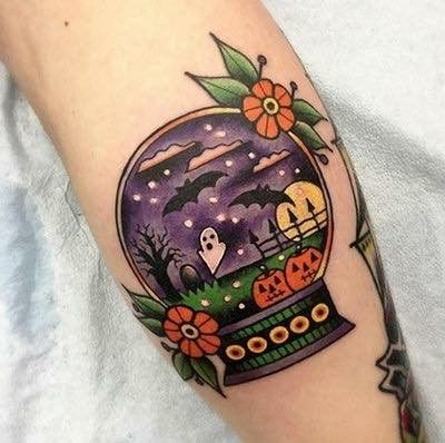 Crystal Ball Tattoo, Cute Halloween Tattoos, Bow Tattoo Designs, Globe Tattoos, Theme Tattoo, Inspiration Tattoo, Tattoos Geometric, Spooky Tattoos, Halloween Tattoo