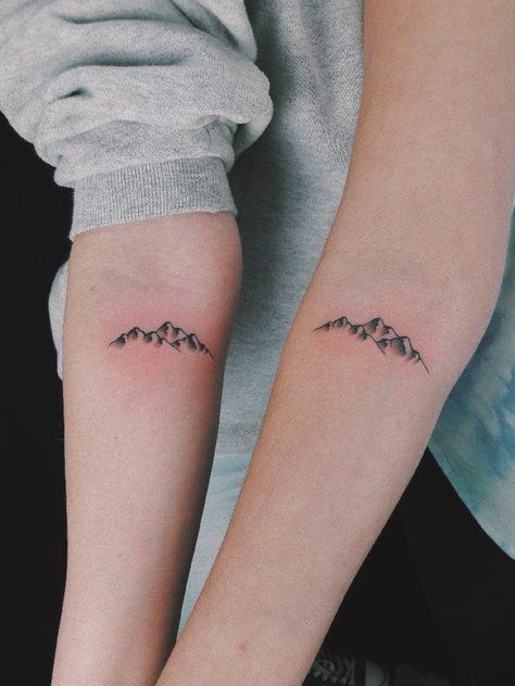 Matching Moutain Tattoos, Mom And Daughter Tattoos Nature, Best Friend Tattoos Mountains, Matching Mountain Tattoos For Best Friends, Matching Tattoos Mountains, Mountain Tattoo Matching, Matching Camping Tattoo, Matching Outdoor Tattoos, Matching Mountain Tattoos Couples