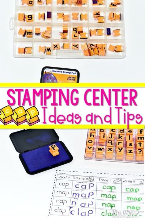 Having a kindergarten stamping station has always been a fun treat for my students! This is a great literacy center and a math station. Check out these ideas on how to make one for your classroom! Tk Center Ideas, Ela Centers Kindergarten, Writing Stations Kindergarten, Literacy Stations Prek, Art Center Ideas, Alphabet Stations Kindergarten, Word Work Stations Kindergarten, Handwriting Stations Kindergarten, Kinder Centers