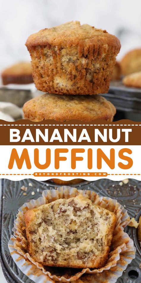 The BEST Banana Nut Muffins! Moist and fluffy with crunchy walnuts, this banana muffin recipe is a delicious and easy breakfast on the go. This back to school food idea is also healthy! Pin this for later! Banana Nut Muffins Healthy, Easy Banana Nut Muffins, Cups Recipes, Banana Walnut Muffins, Healthy Banana Muffins, Nut Muffins, Tin Recipes, Banana Muffin, Banana Nut Muffins