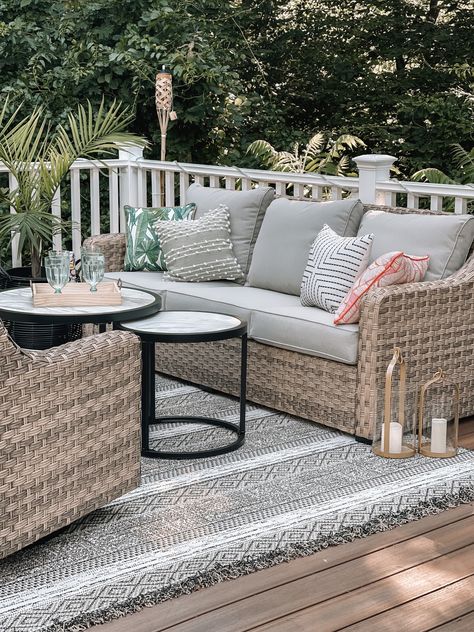 Lake House Outdoor Furniture, Best Patio Furniture Wicker, Better Homes And Gardens River Oaks, River Oaks Patio Furniture, Better Homes And Garden Patio Furniture, Deck Furniture Arrangement, Natural Wicker Patio Furniture, Outdoor Rugs Patio Ideas, Patio Rugs Outdoor Ideas