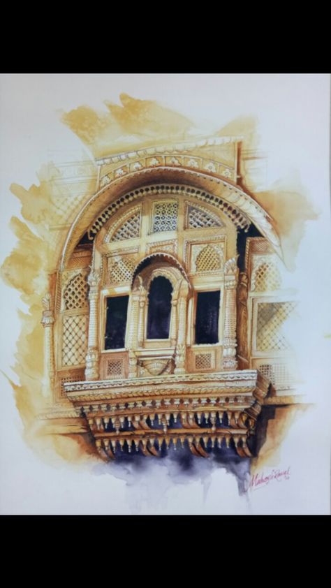 Window. Rajasthani. Rajasthani Watercolor Painting, Rajasthani Building, Jaipur Architecture, Rajasthani Painting, Composition Painting, Rajasthani Art, Indian Artwork, Interior Sketch, Watercolor Landscape Paintings