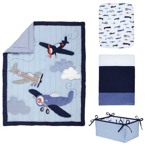 Carter's Take Flight 4 Piece Crib Bedding Set & Reviews | Wayfair Vintage Bedding Set, Crib Comforter, Wooden Airplane, Airplane Nursery, Airplane Theme, Toddler Bed Set, Airplane Toys, Dust Ruffle, Children Toys