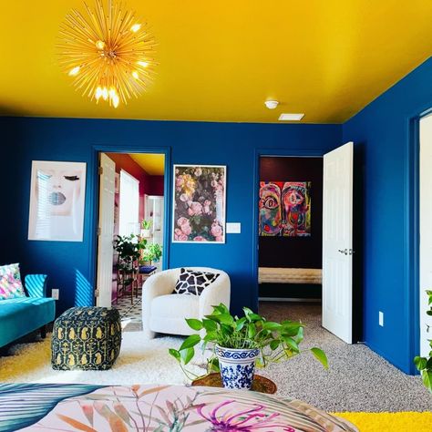 Happy Wall Colors, Bright Wall Colors, Paint Vibes, Yellow Ceiling, Blue Ceilings, Room Wall Colors, Home Decor Aesthetic, Yellow Room, Warm Decor