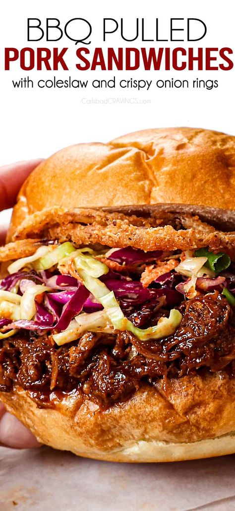 BBQ Pulled Pork Sandwiches - Carlsbad Cravings Pulled Pork Burger Recipe, Crockpot Pulled Pork Bbq, Dinner Light, Pork Sandwich Recipes, Bbq Pork Sandwiches, Bbq Pulled Pork Sandwiches, Pulled Pork Burger, Summer Dinner Recipes, Barbecue Pulled Pork