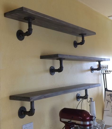 Shelf Above Sink, Bar Shelf Ideas, Diy Closet Shelves, Pipe Shelf Brackets, Industrial Pipe Furniture, Industrial Shelf, Pipe Shelf, Game Room Basement, Industrial Pipe Shelves