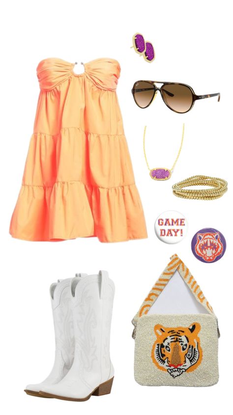 clemson gameday // gameday outfit // tennessee gameday // auburn game day // orange dress// kendra scott // rayban // football outfit Orange And White Game Day Outfit, Tennessee Gameday Outfit, Auburn Gameday Outfit Fall, Clemson Game Day Outfits, Cute Clemson Outfits Game Day, Game Day Outfit Orange, Orange Gameday Outfit, Clemson Gameday Outfit Purple, Auburn Gameday Outfit