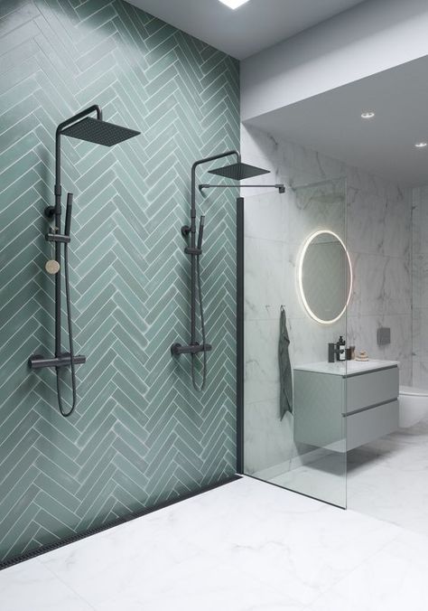 Turquoise And White Bathroom, Green Tile Bathroom, Herringbone Tile, Bathroom Tile Designs, Bathroom Inspiration Decor, Upstairs Bathrooms, Bathroom Tiles, Dream Bathrooms, Green Bathroom