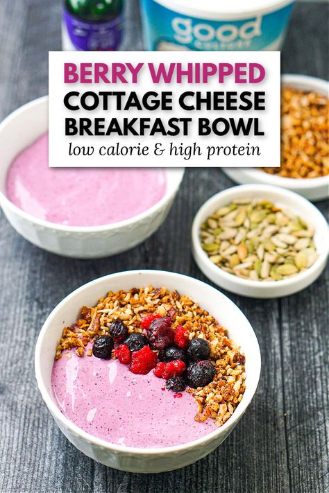 This berry whipped cottage cheese breakfast bowl is full of healthy ingredients and is lower in carbs too! The berry flavored cottage cheese is whipped to make it smooth, thick and really creamy. It's a decadent tasting breakfast, snack or even dessert that you can customize with your favorite toppings. It's a low calorie (115 calories), lower carb (9g) and high protein (14.5g protein) meal. Good Cottage Cheese Recipes, Joyful Healthy Eats, Healthy Breakfasts On The Go, High Protein Morning Snack, Whipped Cottage Cheese Breakfast Bowl, Keto Whipped Cottage Cheese Dessert, Low Calorie High Fiber Breakfast, Berry Cottage Cheese Mousse, Cottage Cheese Recipes For Diabetics