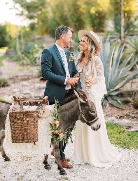 Beer Burro Wedding, Animals At Weddings, Beer Donkey Wedding, Beer Donkey, Donkey Wedding, Beer Burro, Cotton Wedding Dresses, Southwestern Wedding, Equestrian Wedding