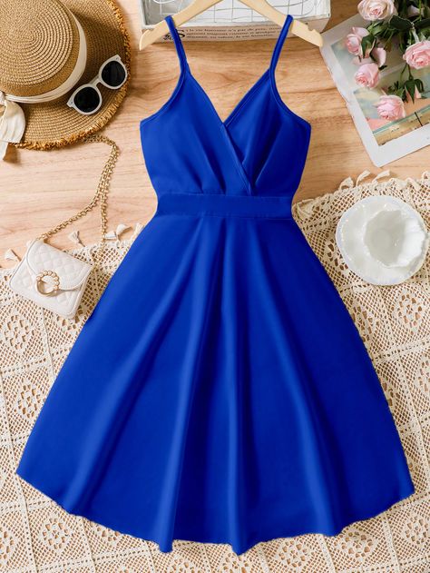 Royal Blue Casual Collar Sleeveless Fabric Plain Cami Embellished Non-Stretch  Tween Girls Clothing Conformation Ideas, Flare Dress Casual, Girls Party Wear, Teen Girl Dresses, Azul Real, Azul Royal, Dresses For Teens, Ruched Dress, Cami Dress