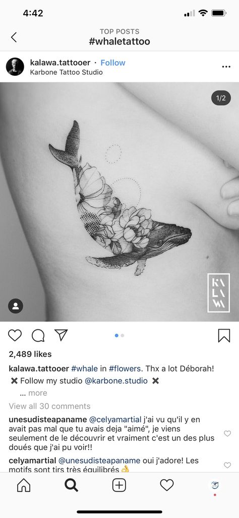 Delicate Whale Tattoo, Flower Whale Tattoo, Dolphin Floral Tattoo, Whale Shoulder Tattoo, Floral Whale Tattoo, Whale And Flower Tattoo, Whale Tattoo With Flowers, Whale Flowers Tattoo, Aquatic Tattoo For Women