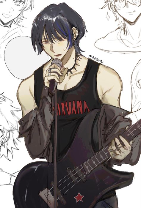 scaramouche fanart Scaramouche Guitarist, Guitarist Scaramouche, Idol Scaramouche, Anime Guitarist, Scaramouche Icon Fanart, Scaramouche Modern Au, Scaramouche Fanart Modern, Scaramouche Modern, Modern Scaramouche