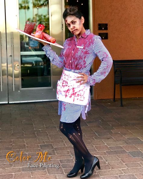 Zombie waitress - makeup and costume by Vanessa Mendoza of Color Me Face Painting #colormefacepainting #zombiemakeup #zombiecostume #halloweencostume #facepaint Zombie Food Costume, Butcher Halloween Makeup, Zombie Waitress Costume, Waitress Makeup, Scary Chef Costume, Waitress Costume Halloween, Zombie Referee Costume, Zombie Waitress, Pop Art Zombie Costume