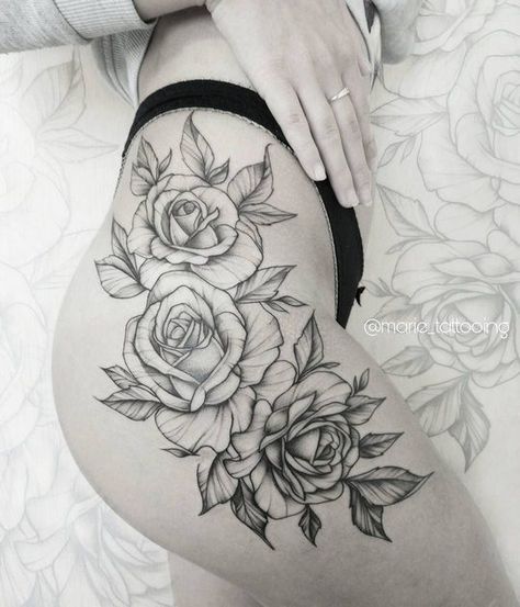 Rose Tattoo On Hip, Flower Hip Tattoos, Rosen Tattoo Frau, Tato Paha, Rose Tattoo Thigh, Sunflower Tattoo Shoulder, Flower Thigh Tattoos, Hip Thigh Tattoos, Marquesan Tattoos