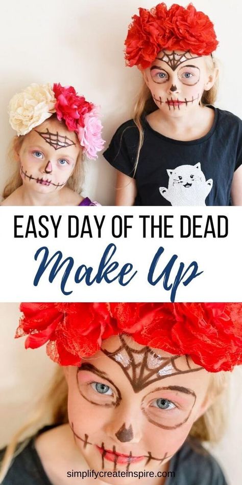 This easy Sugar Skull makeup and DIY headband are one of the ultimate solutions to a last-minute Halloween or fancy dress costume! Pair with an outfit you already own and you have a complete DIY sugar skull costume in under half an hour total! DIY Day of the Dead costume for girls or women - easy day of the dead make up and headband tutorial. Day Of The Dead Kids Makeup, Easy Day Of The Dead Makeup Diy, Easy Sugar Skull Makeup Tutorial, Sugar Skull Makeup Easy Simple, Day Of The Dead Makeup Kids, Sugar Skull Costume Outfit Diy, Simple Day Of The Dead Makeup, Easy Sugar Skull Makeup, Sugar Skull Makeup Easy