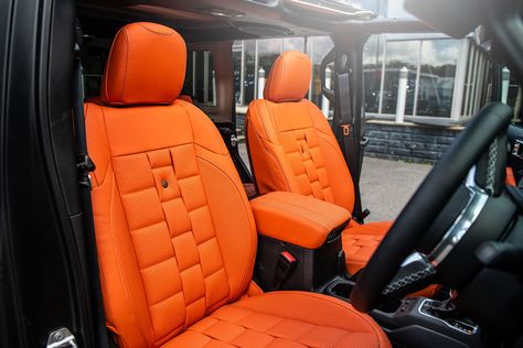 Jeep Wrangler Gets A Luxury Makeover. The rugged off-roader has been transformed into a premium luxury SUV. Jeep Wrangler Orange Interior, Luxury Jeep Wrangler Interior, Jeep Wrangler Custom Interior, Custom Jeep Wrangler Interior, Wrangler Interior Ideas, Jeep Wrangler Interior Ideas, Cool Jeeps Wrangler, Orange Jeep Wrangler, Wrangler Interior