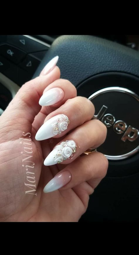 Wedding Nails With 3d Flowers, Simple Wedding Nails For Bride Gel, Nail Ideas For Brides Wedding Day, Prewedding Nails, White Rose Nails, 1corinthians 13, Lace Wedding Nails, Almond Acrylic Nails Designs, Disney Acrylic Nails