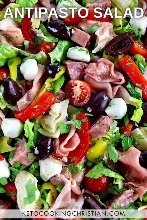 This Antipasto Salad has a combination of classic Italian cold cuts and marinated veggies over crisp chopped romaine lettuce and tossed in a flavorful dressing. Antipasto Salad Dressing, Italian Salads, Marinated Veggies, Low Carb Salad Dressing, Keto Salads, Antipasto Salad, Low Carb Salad, Cold Cuts, Italian Salad